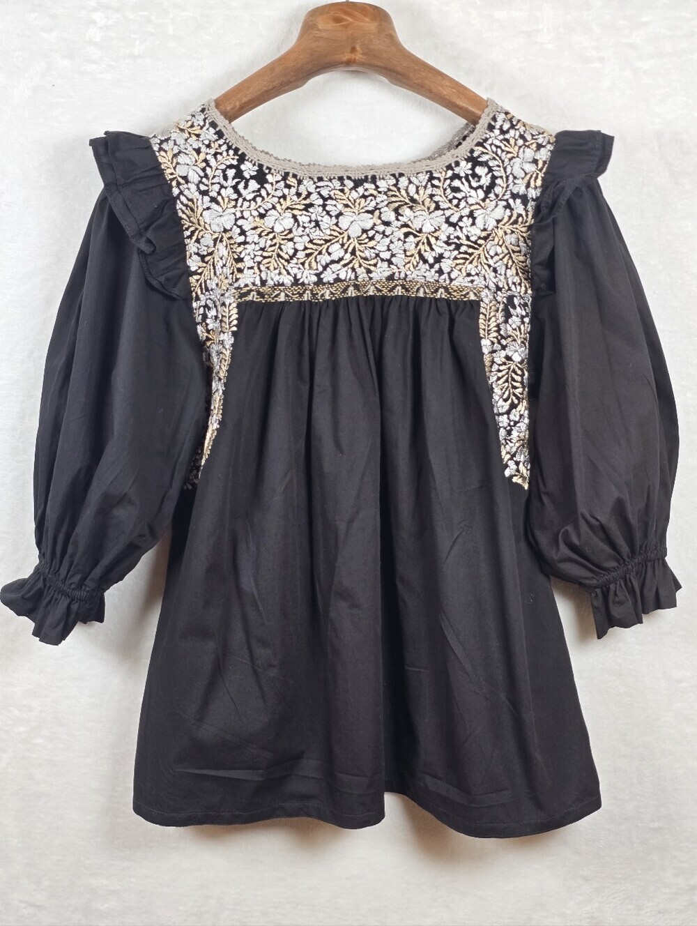 Mi Golondrina Black Floral Embroidered Blouse Sz.M Cotton Peasant Boho Top - Picture 7 of 14